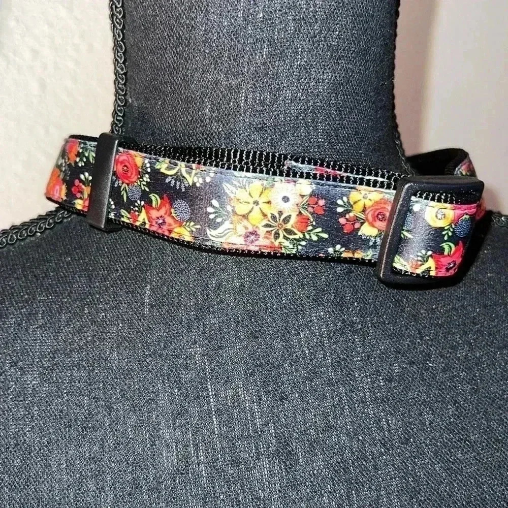 Dog Collar Orange Pink Floral Black Extra Large Heavy Duty Quick Release Collar - Picture 12 of 16
